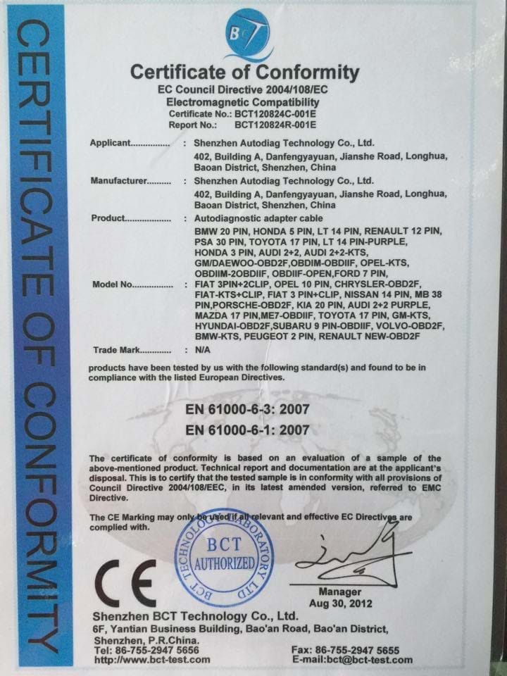 CE Certificate for auto diagnostic cable