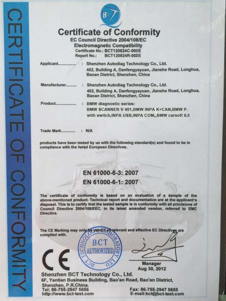 CE Certificate for BMW diagnostic