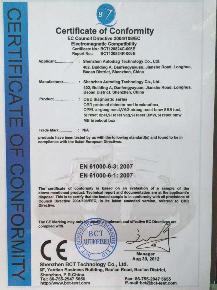CE Certificate for OBD diagnostic series