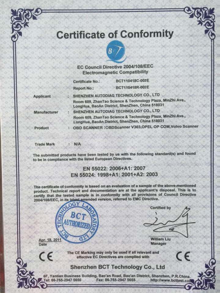 CE Certificate for OP COM OBD SCANNER