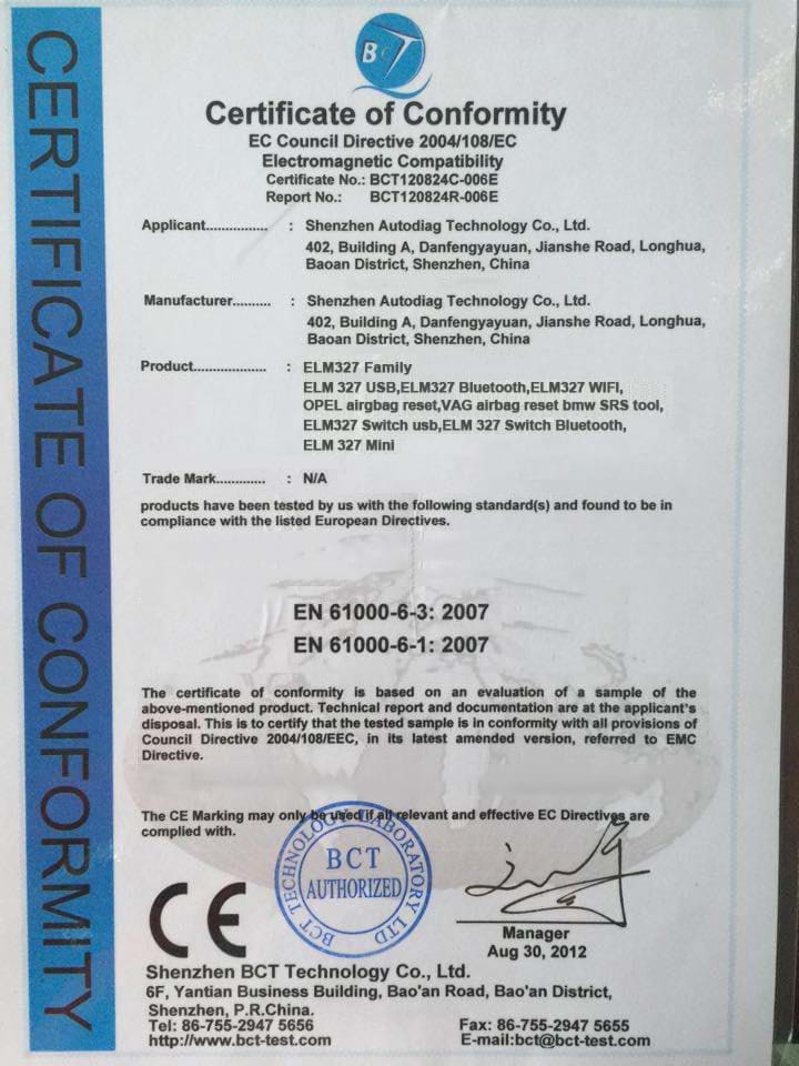 CE Certificate For ELM 327